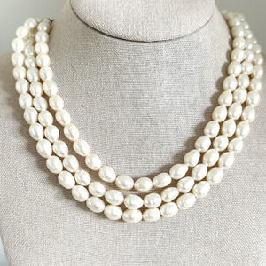 925 Sterling Silver Vintage Genuine Pearl Chunky Triple Strand 3 Row Necklace